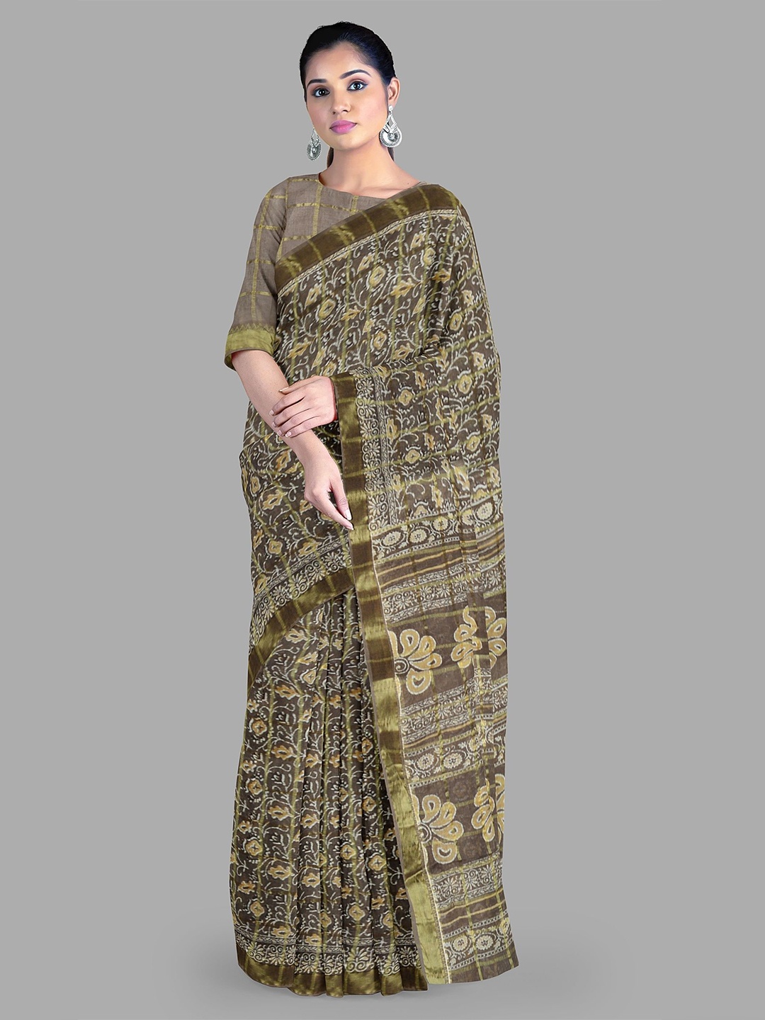 

The Chennai Silks Floral Zari Pure Cotton Chanderi Saree, Brown