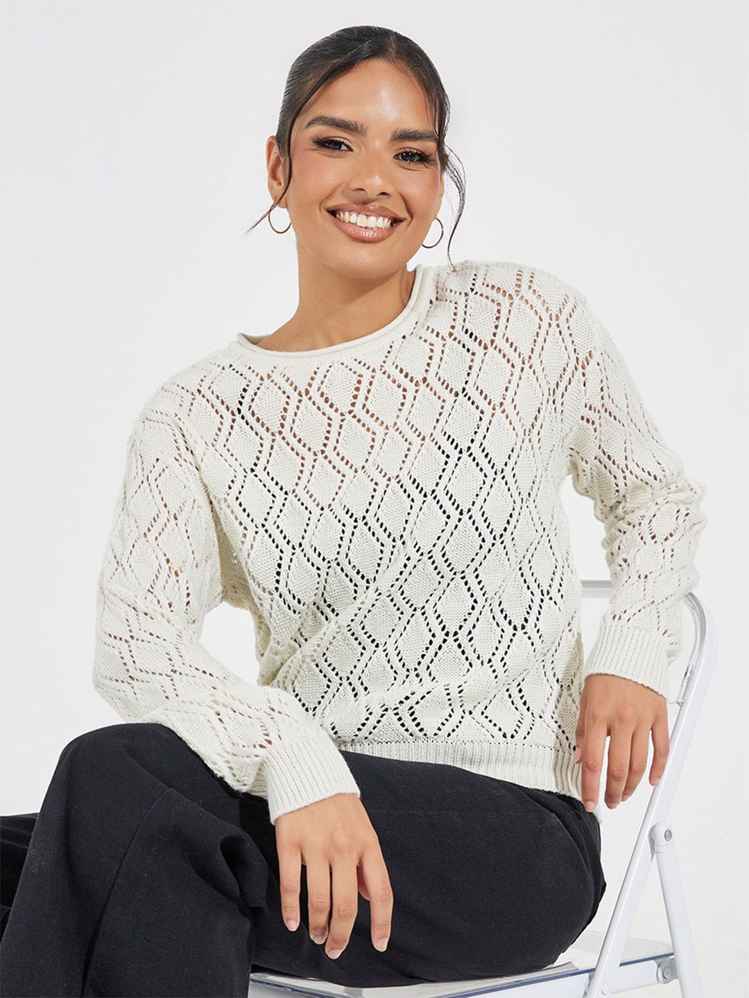 

Styli Women Textured Pattern Regular Length Regular Fit Sweater, Off white