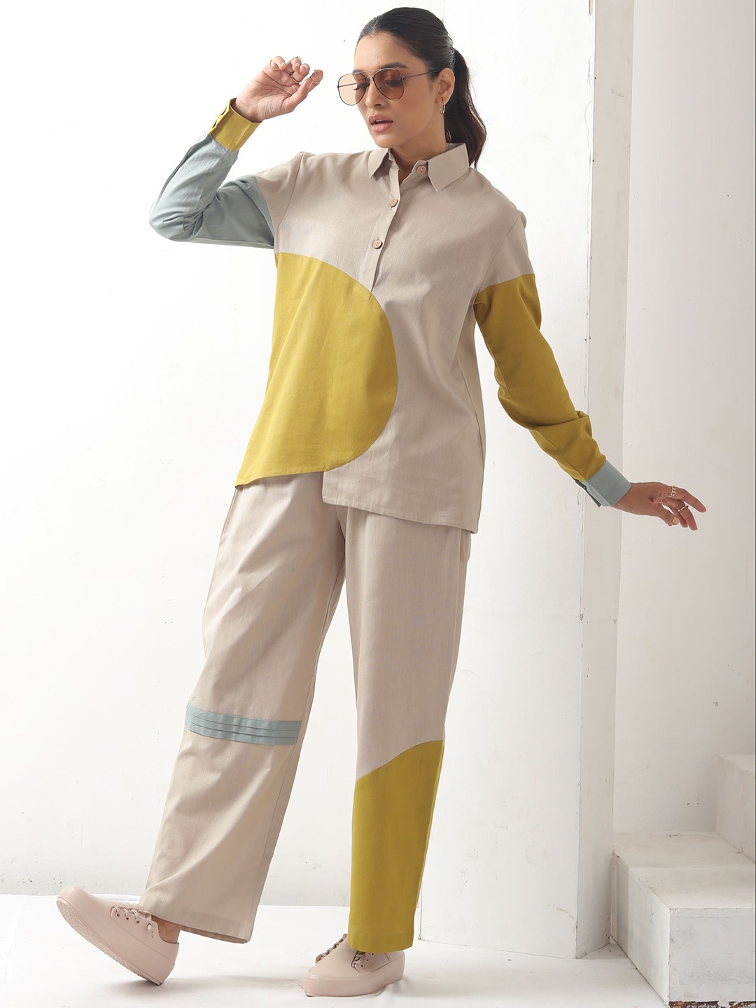 

BOONS n PERKKS Colourblocked Pure Cotton Shirt With Trousers, Beige