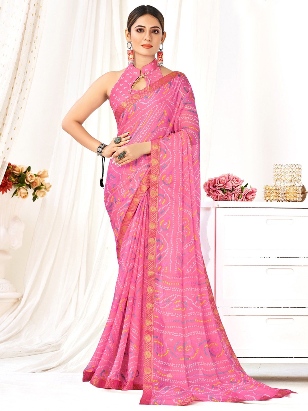 

KALINI Bandhani Printed Banarasi Border Saree, Peach