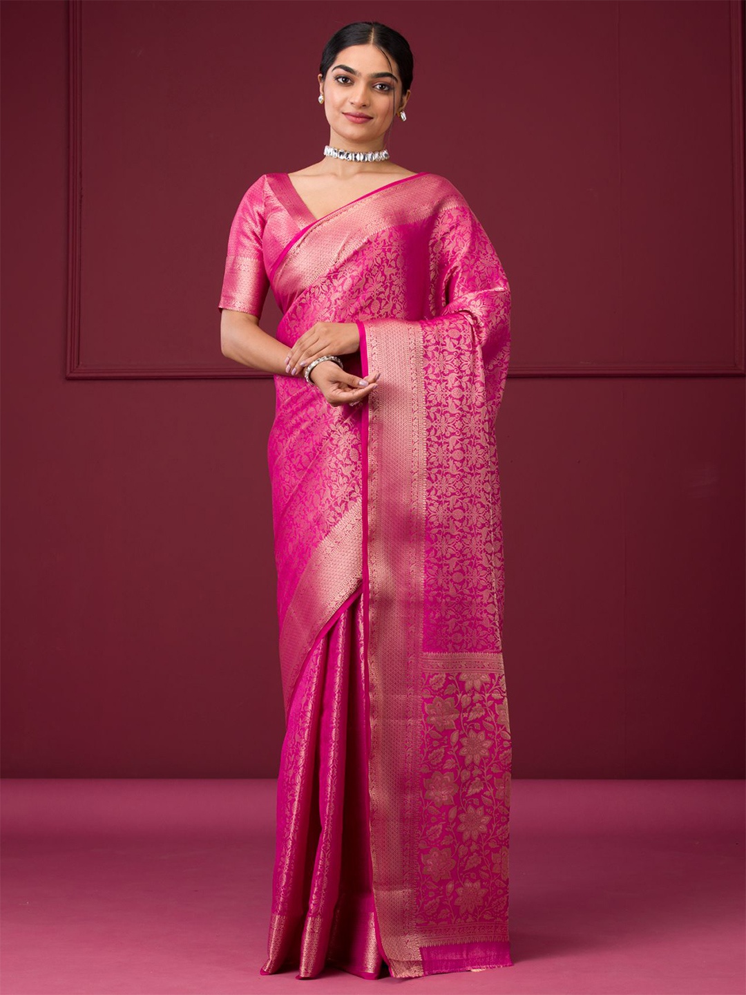 

Koskii Ethnic Motifs Zari Fusion Saree, Pink