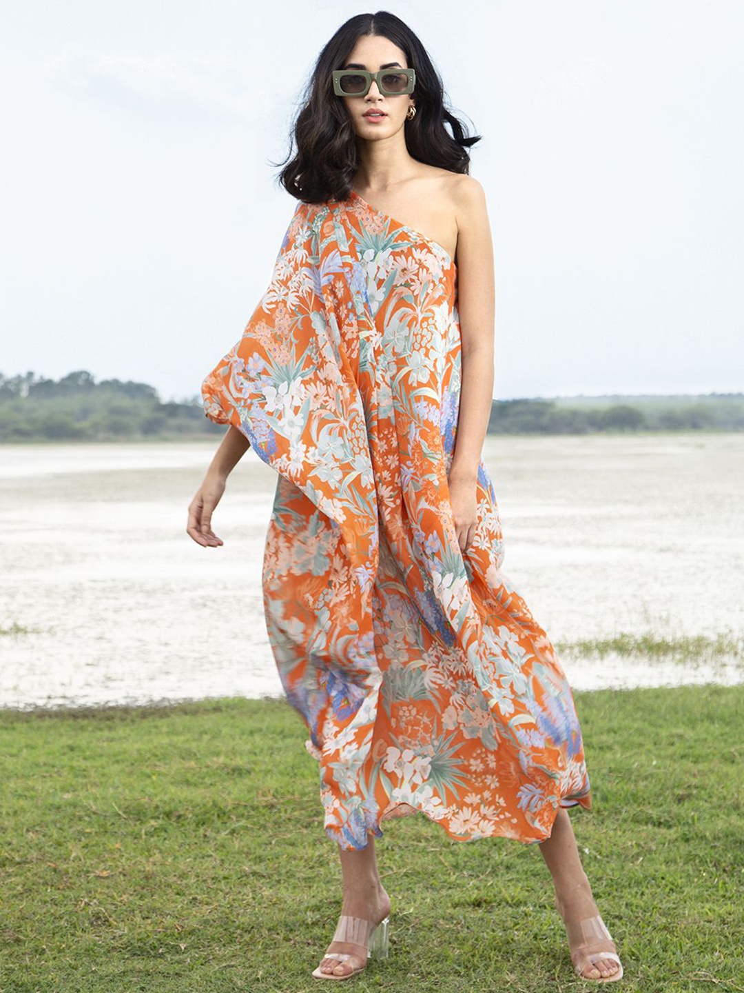 

HOUSE OF SOI Floral Print One Shoulder Crepe kaftan Dress, Orange