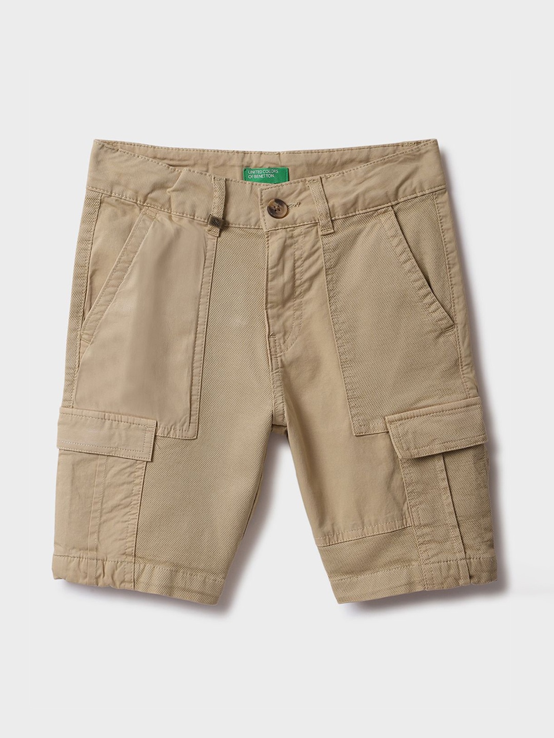 

United Colors of Benetton Boys High-Rise Pure Cotton Cargo Shorts, Beige