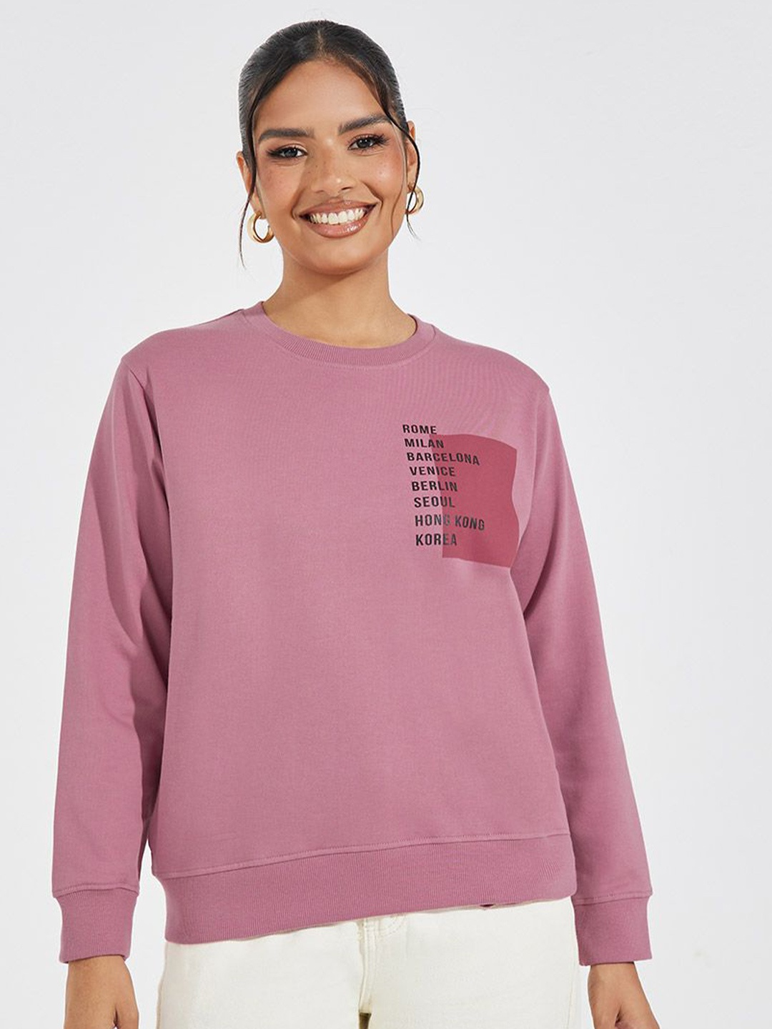 

Styli Women Graphic Printed Regular Fit Sweatshirt, Pink