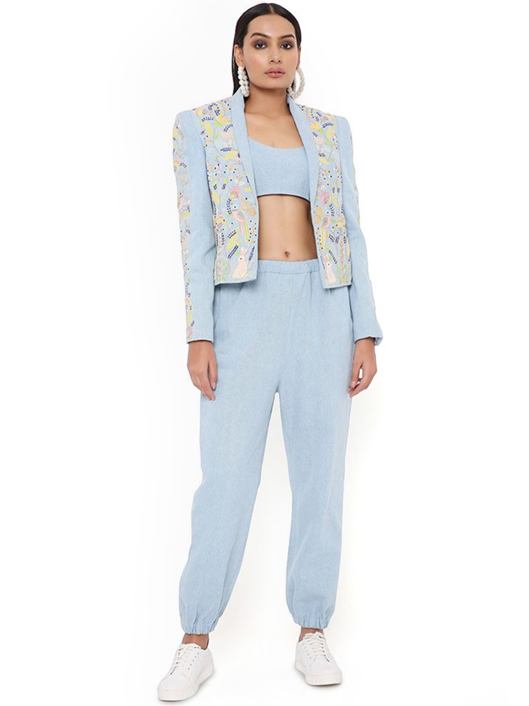 

Payal Singhal Embroidered Top with Joggers & Jacket, Blue