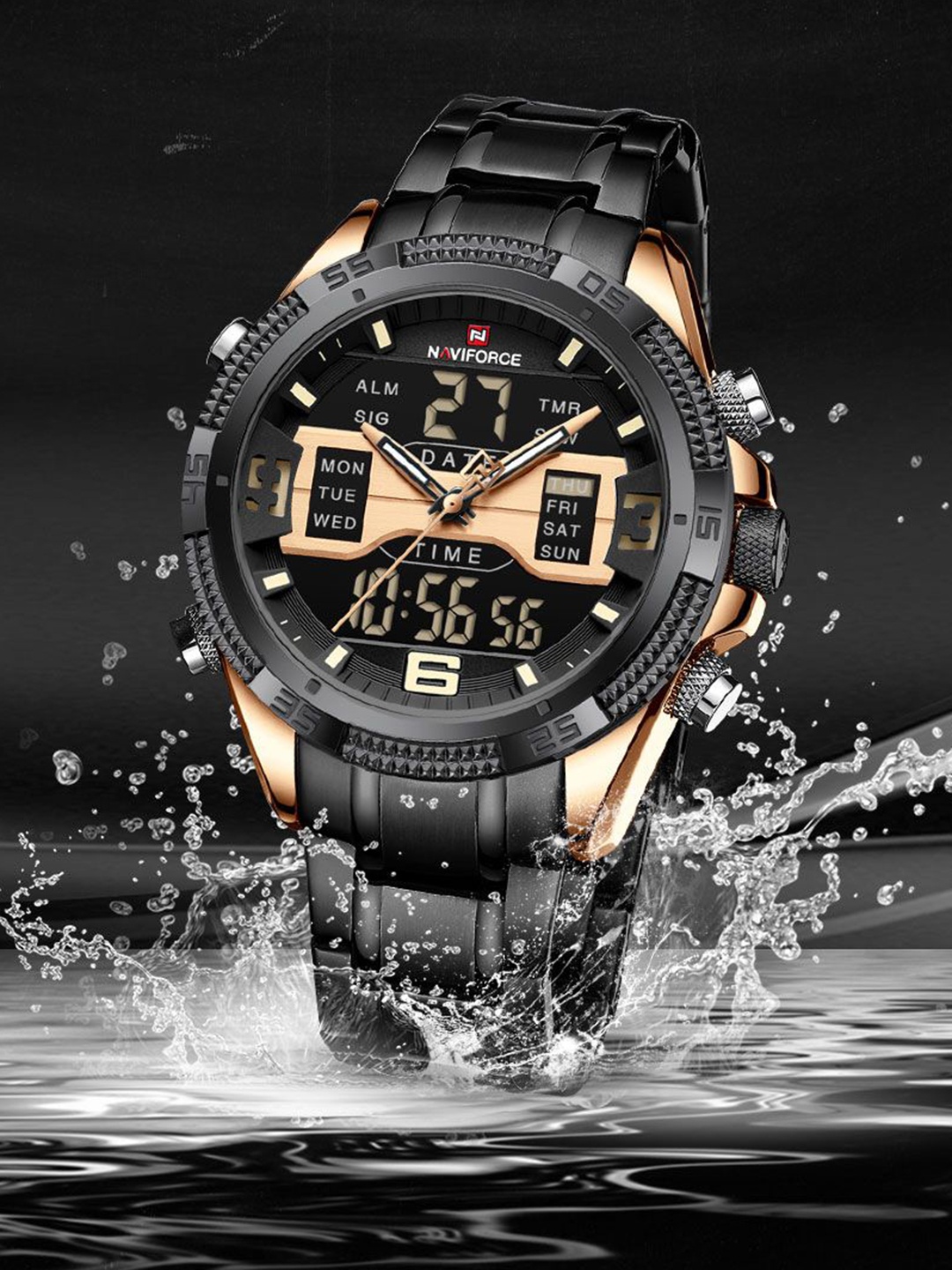 

Naviforce Men Brass Embellished Dial & Stainless Steel Straps Analogue and Digital Multi Function Watch, Rose gold