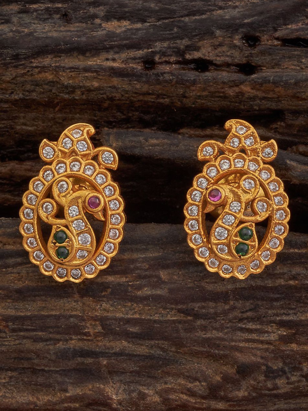 

Kushal's Fashion Jewellery Gold-Plated 92.5 Pure Silver Stones Studded Peacock Shape Studs, Red