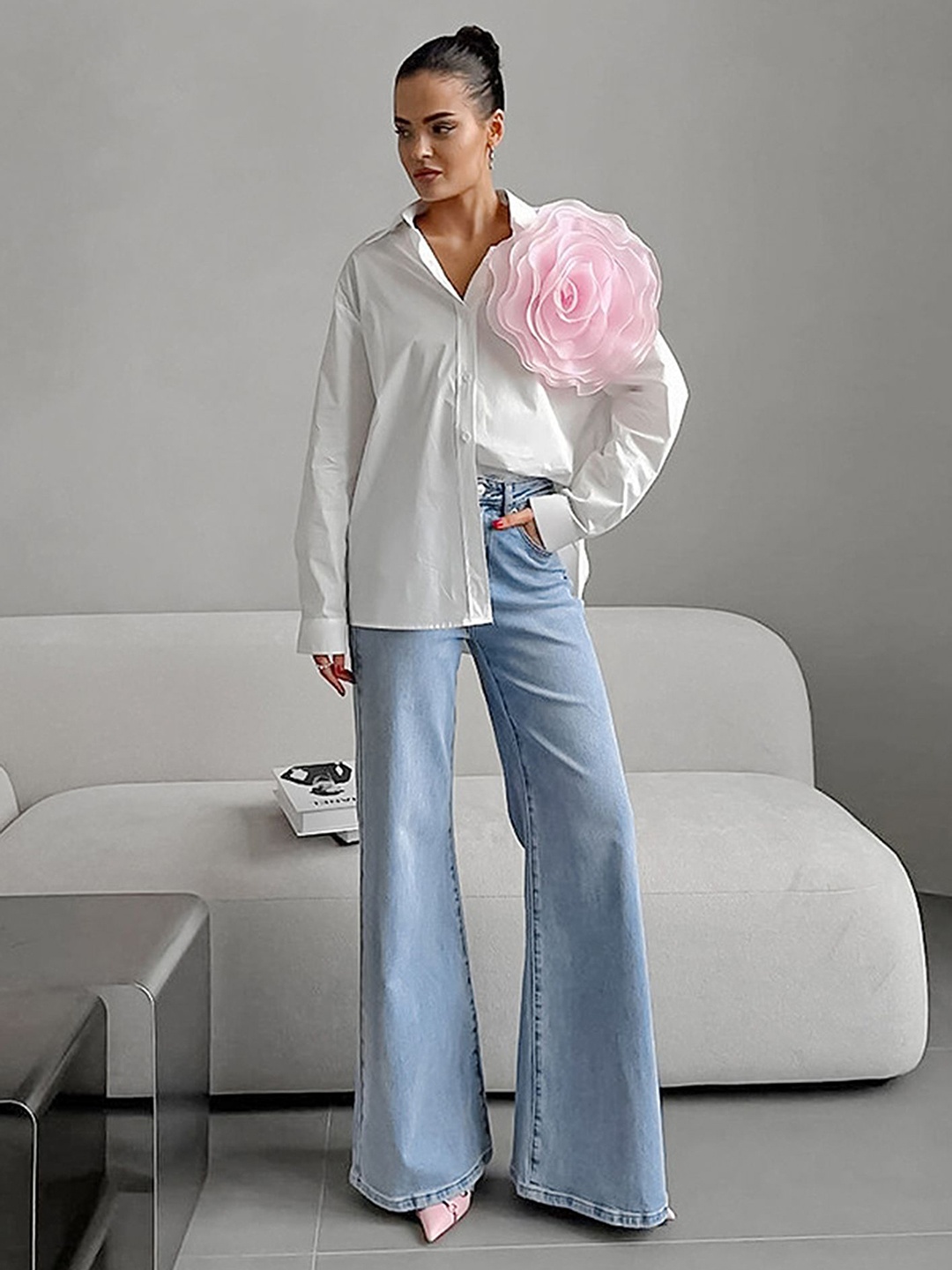 

LULU & SKY Floral Flared Sleeve Shirt Style Top, White