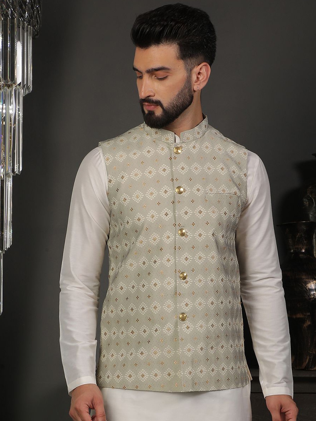 

DEYANN Men Printed Mandarin Collar Nehru Jacket, Grey