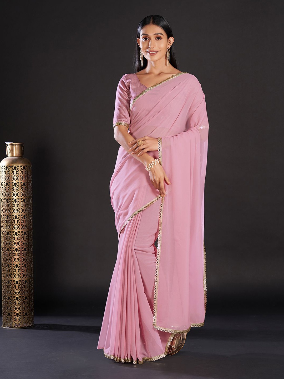 

KALINI Solid Mirror Work Saree With Embellished Border, Mauve