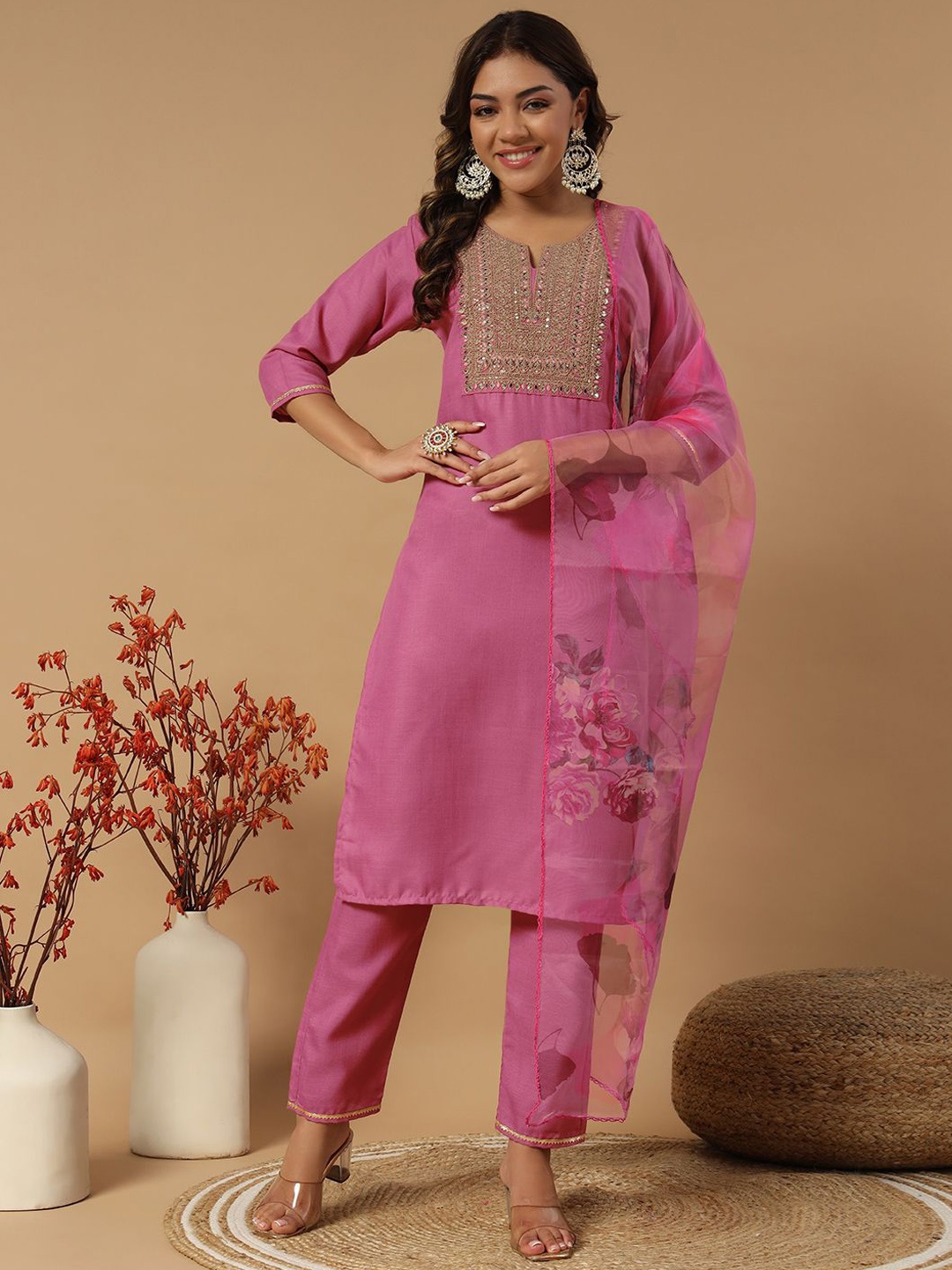 

BHUMIKA CREATION Floral Yoke Design Notch Neck Sequinned Kurta with Trousers & Dupatta, Pink