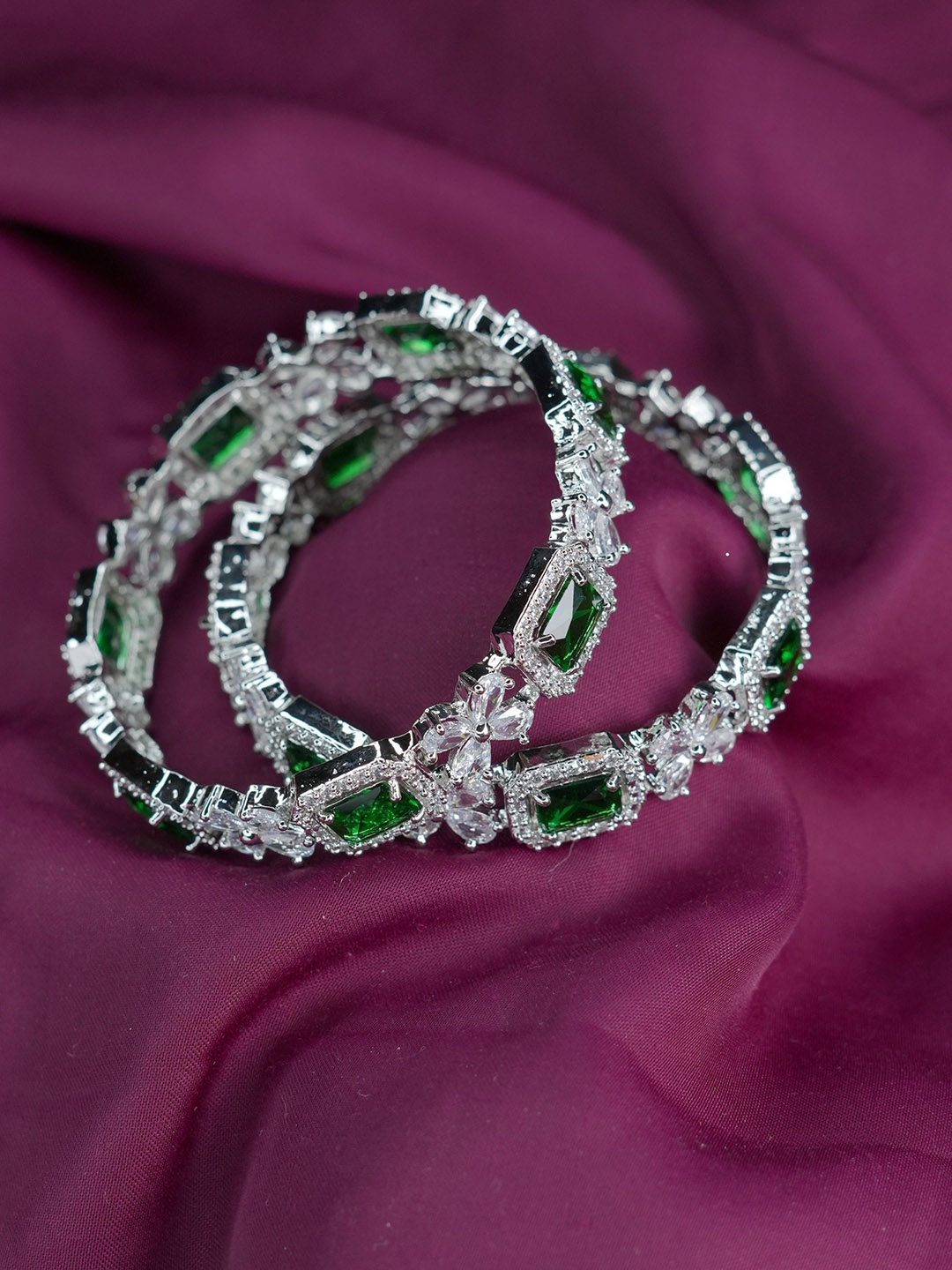 

Zevarly Set Of 2 Silver-Plated Emerald & American Diamond Studded Bangles