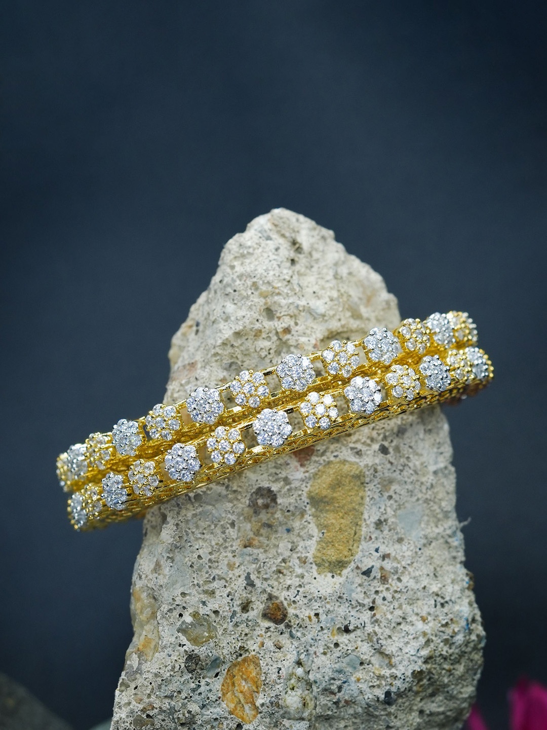 

Zevarly Set Of 2 Silver & Gold-Plated American Diamond Studded Pacheli Bangles