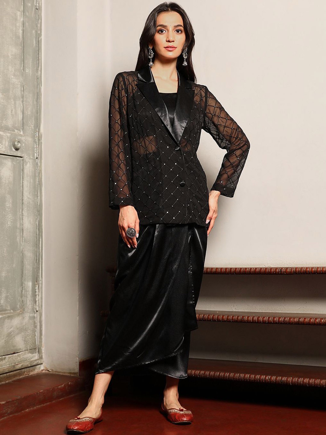

QISSA Embellished Shirt Collar Top & Skirt With Jacket, Black
