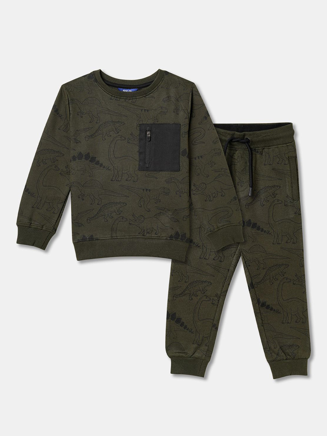 

R&B Boys Printed Round Neck T-shirt With Trousers, Olive