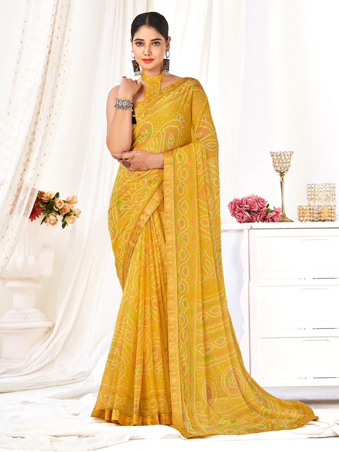 

KALINI Women Bandhani Printed Zari Saree With Blouse Piece, Yellow