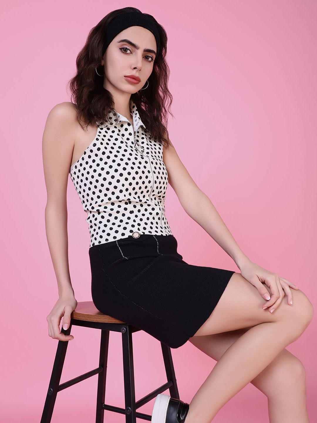 

SHOWOFF Polka Dot Print Halter Neck Top, Cream