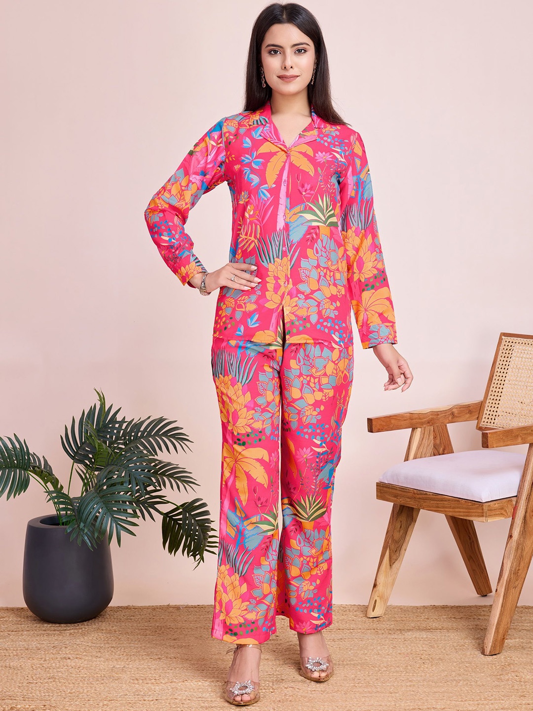 

Divyadham Textiles Tropical Printed Shirt & Palazzos, Pink