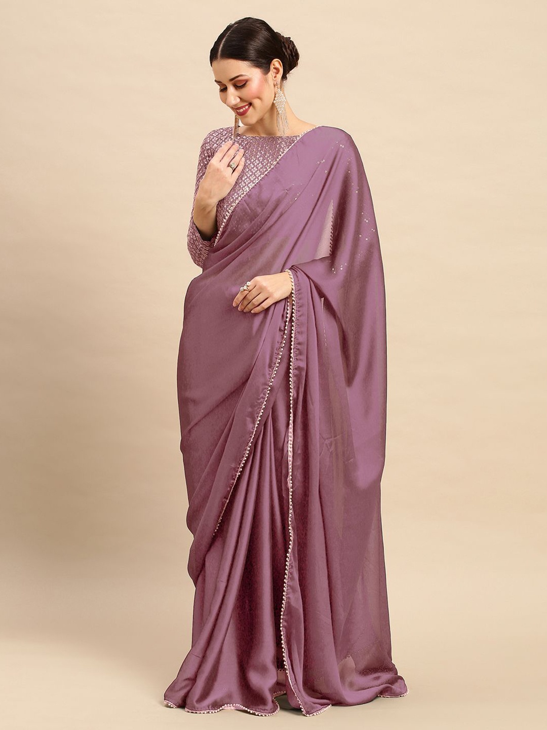 

KALINI Solid Sequinned Saree With Embellished Border, Mauve