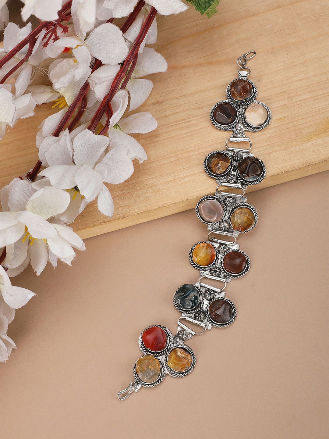 

Sangria Silver-Plated Stone Studded Bracelet, Brown