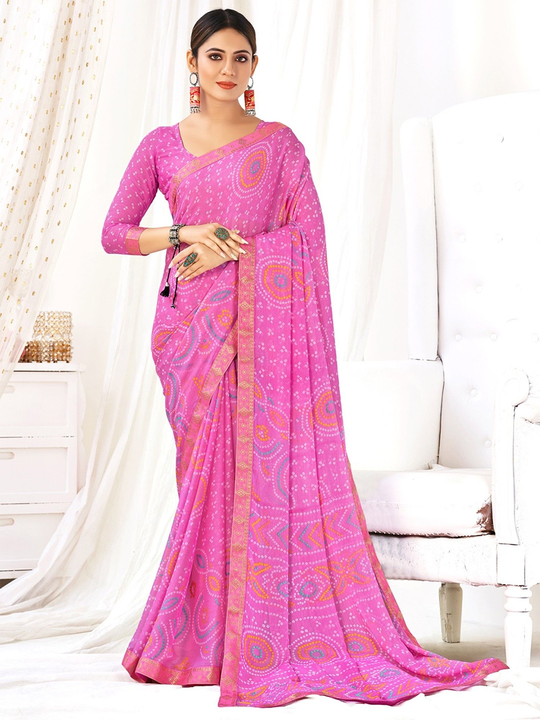 

KALINI Women Printed Bandhani Zari Saree With Blouse Piece, Pink