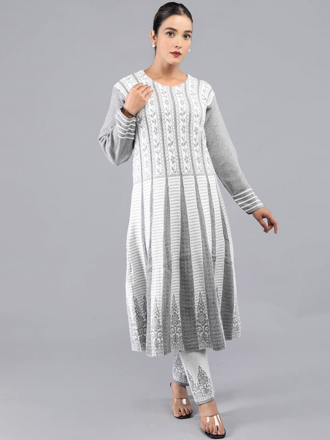 

TYSORT Ethnic Motifs Woven Design Knitted Weave A-Line Kurta With Trouser, Grey
