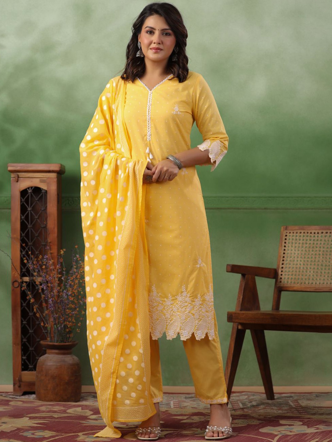 

KALINI Polka Dot Printed V-Neck Pure Cotton Straight Kurta With Trousers & Dupatta, Yellow