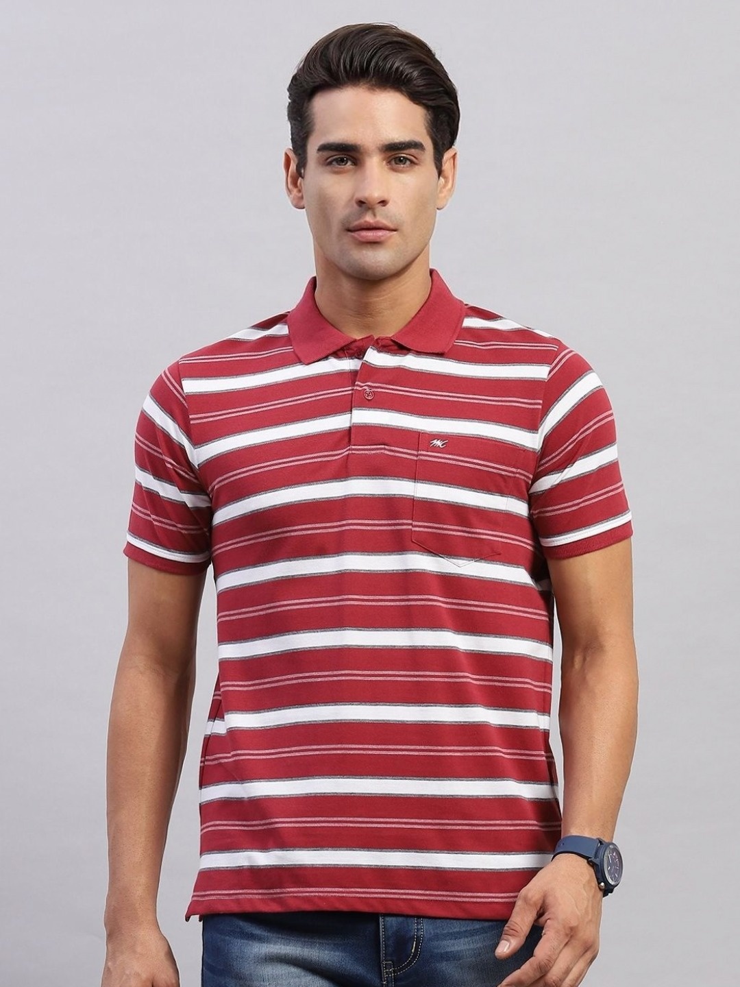 

Monte Carlo Men Striped Polo Collar Cotton T-shirt, Red