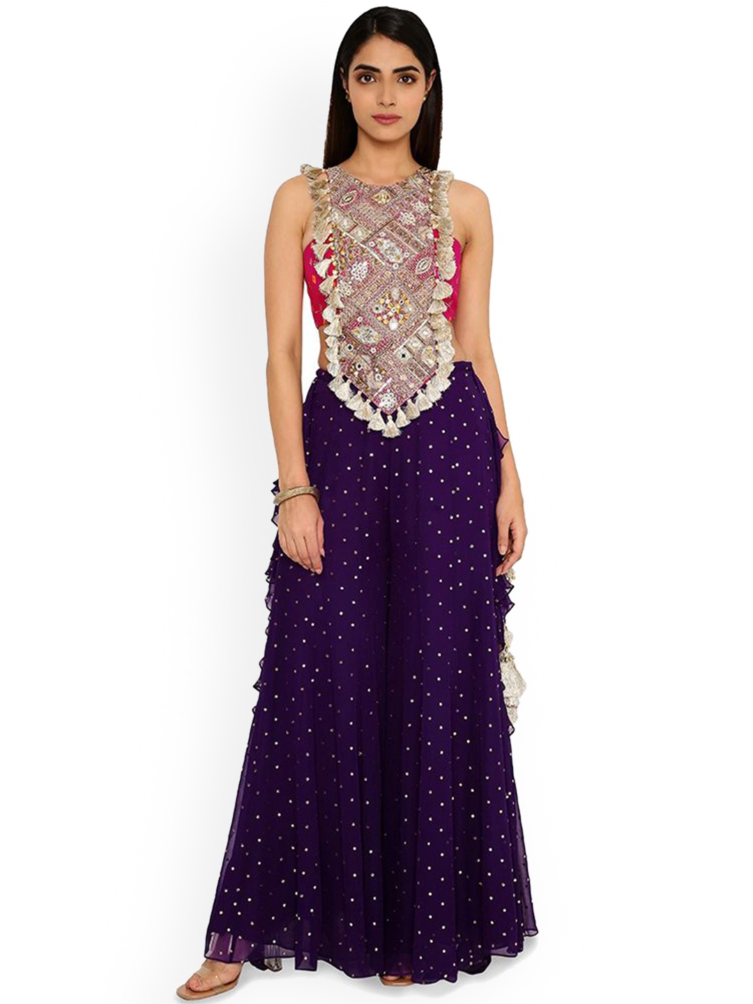 

Payal Singhal Alaine Yoke Embroidered Bandhani Bustier With Frill Sharara Co-Ords, Pink