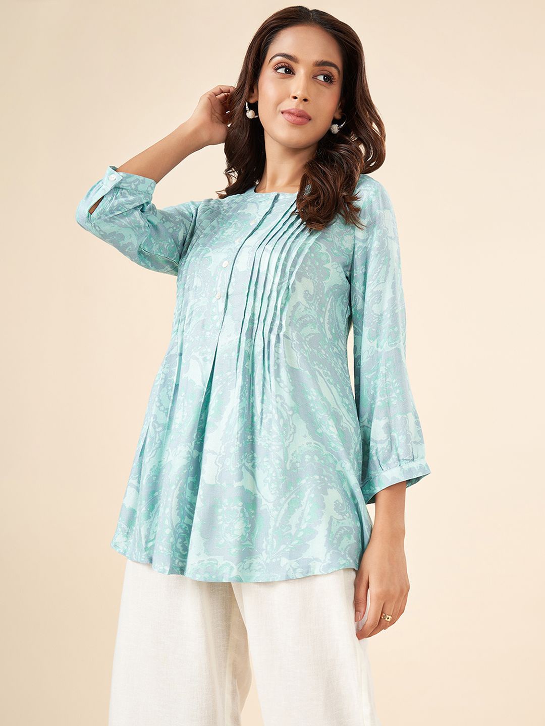 

AKKRITI BY PANTALOONS Mandarin Collar Printed Tunic, Turquoise blue