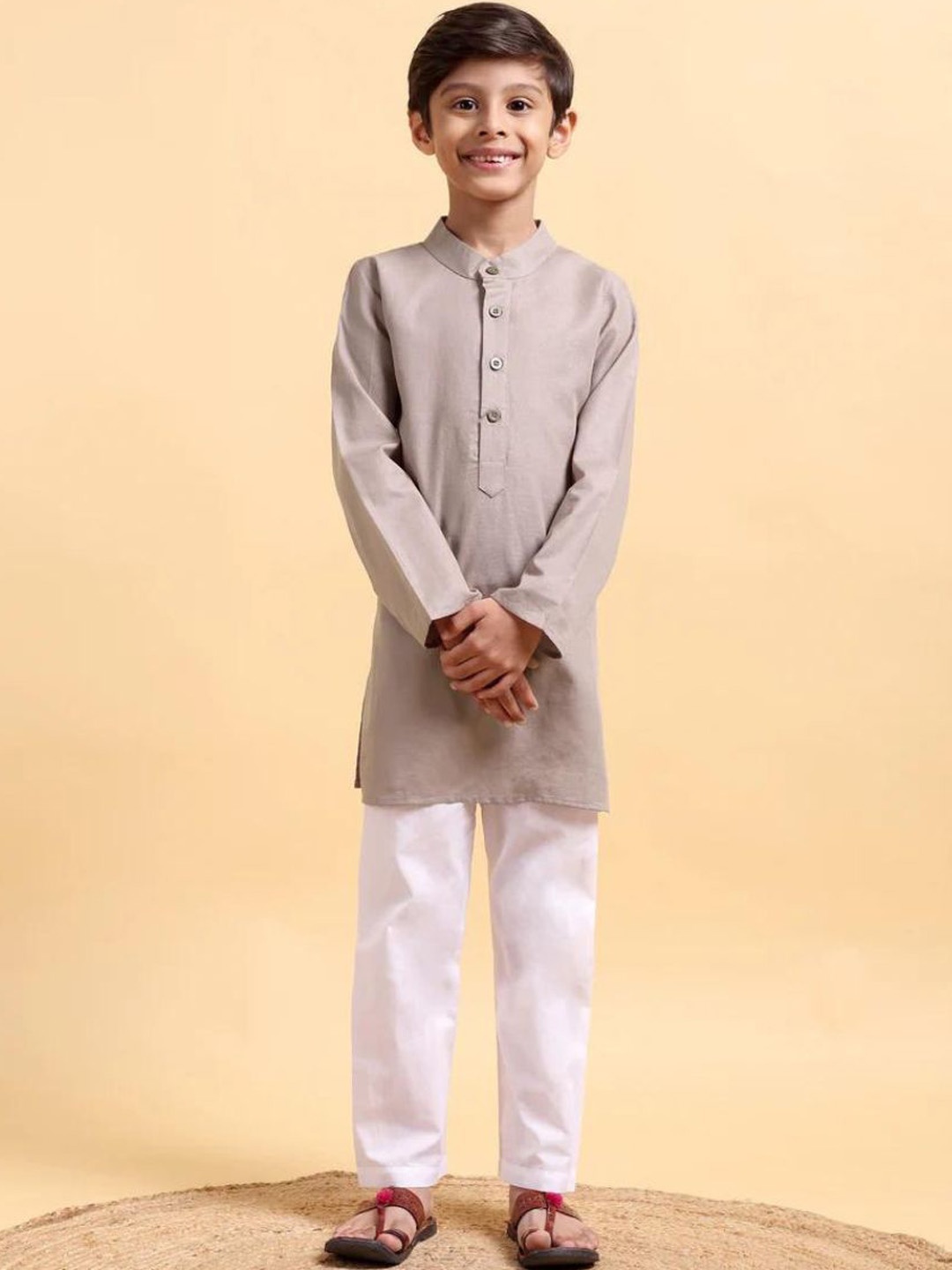 

Mera Rang Boys Band Collar Cotton Linen Straight Kurta With Pyjama, Beige