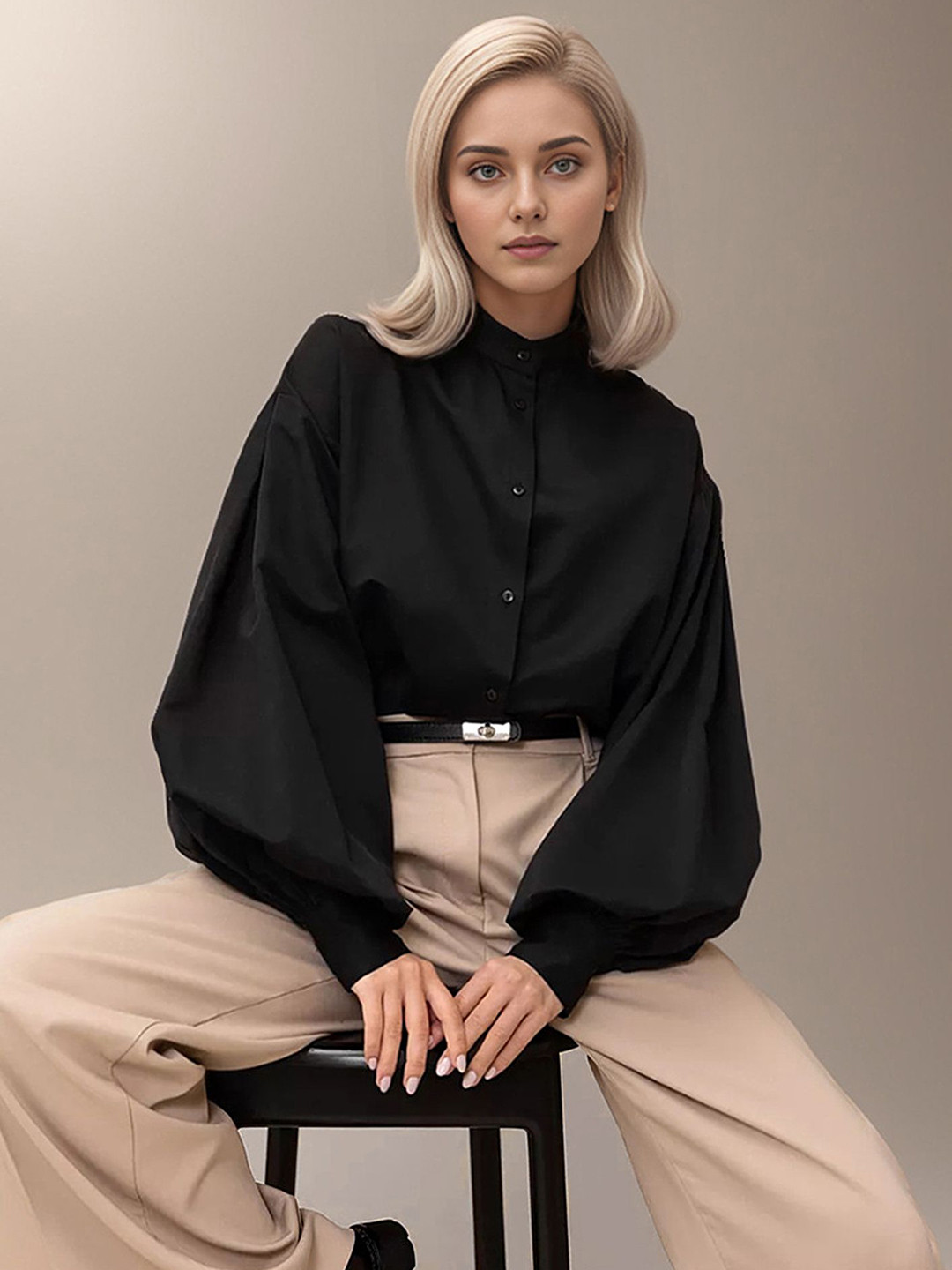 

LULU & SKY Puff Sleeve Shirt Style Top, Black