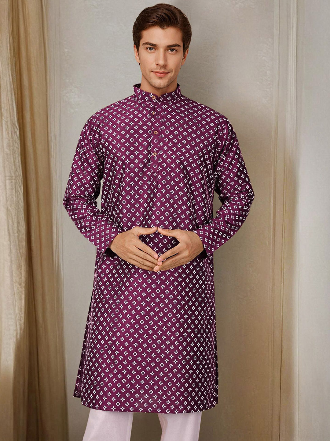 

Anouk Geometric Printed Mandarin Collar Straight Kurta, Purple