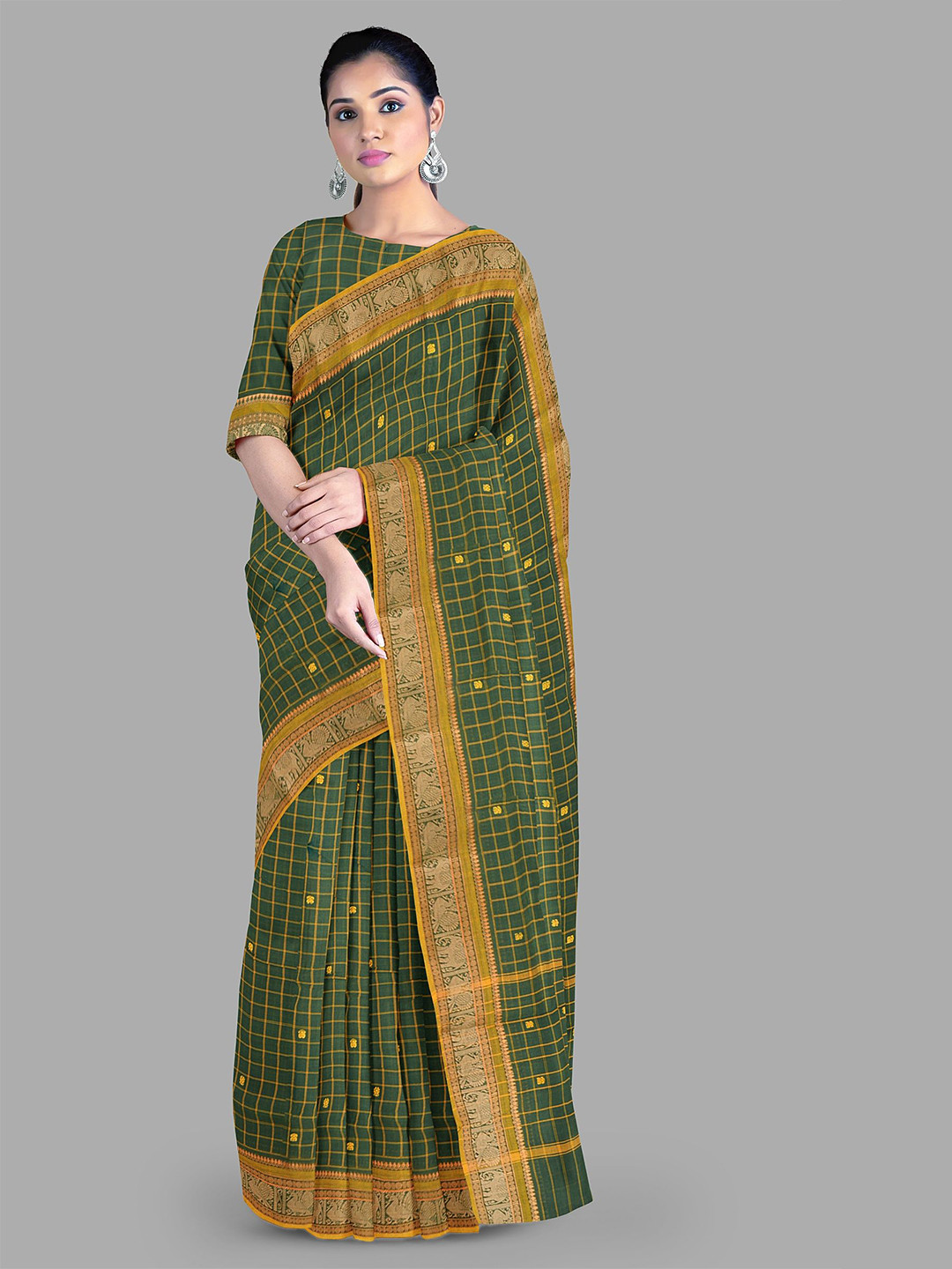 

The Chennai Silks Checked Zari Pure Cotton Chettinad Saree, Green