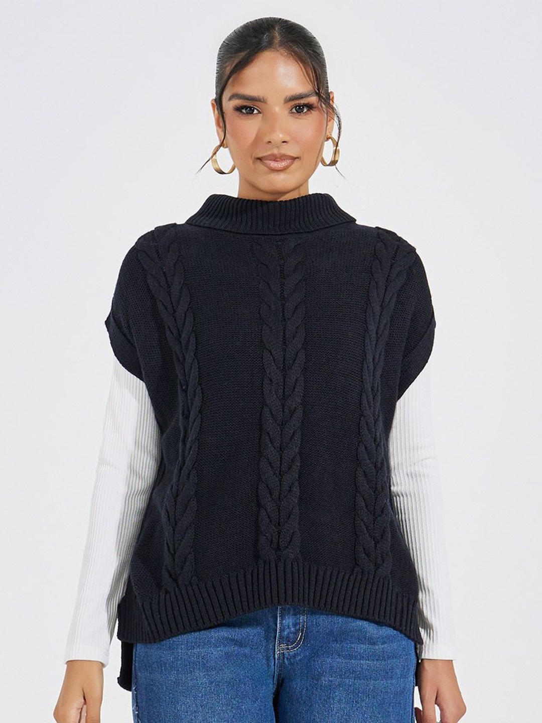 

Styli Women High Neck Regular Length Boxy Fit Sleeveless Sweater, Black