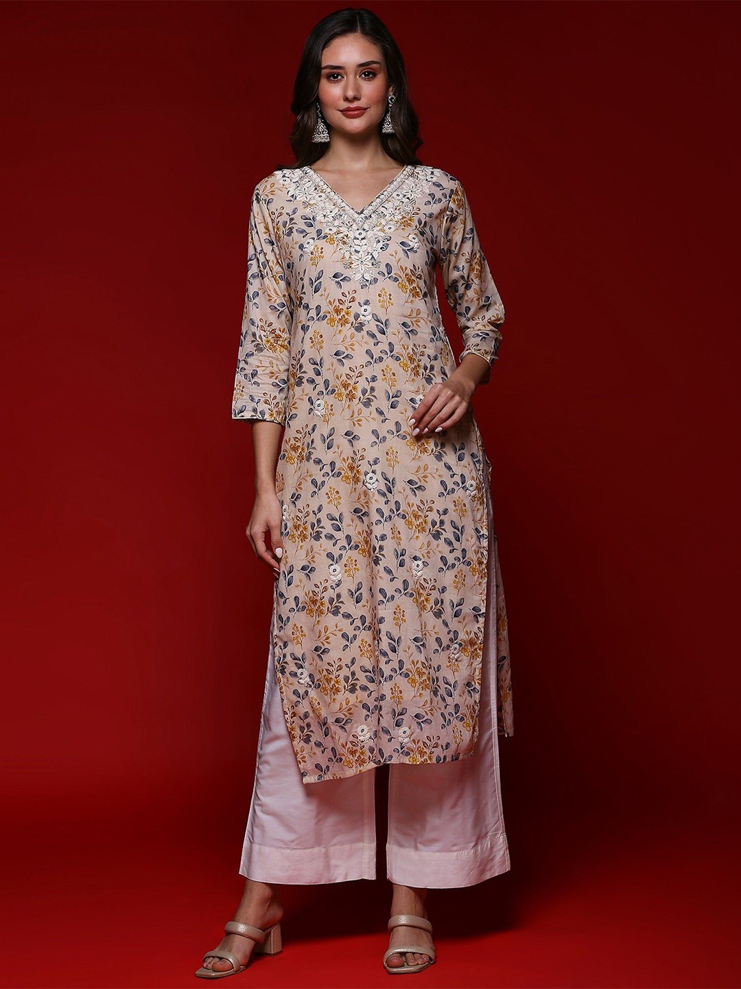 

Peachmode Floral Printed Thread Work Pure Cotton Straight Kurta, Beige