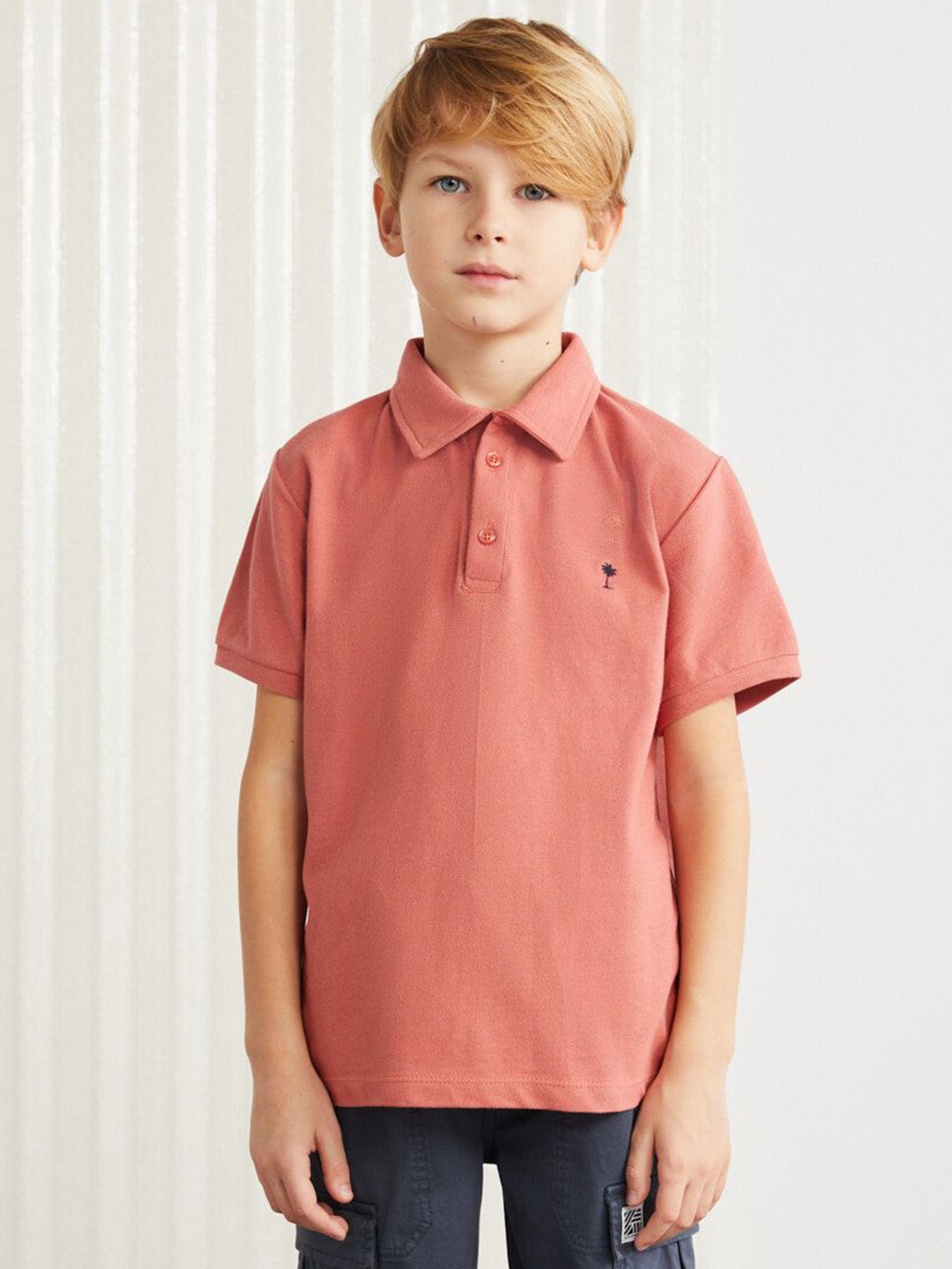 

GRIMELANGE Boys Solid Polo Collar Cotton T-shirt, Pink