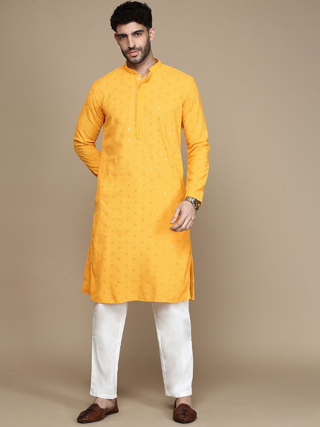 

Rishika Geometric Embroidered Sequinned & Thread Work Straight Kurta with Pyjamas, Yellow