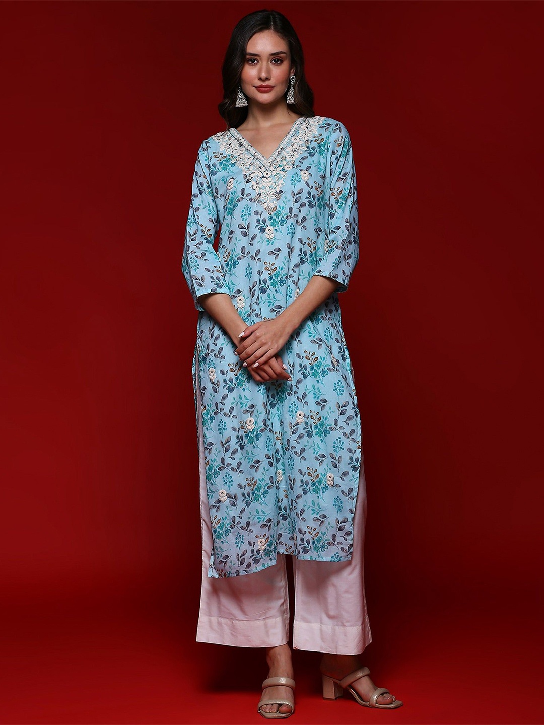 

Peachmode Floral Printed Pure Cotton Floral Kurta, Blue