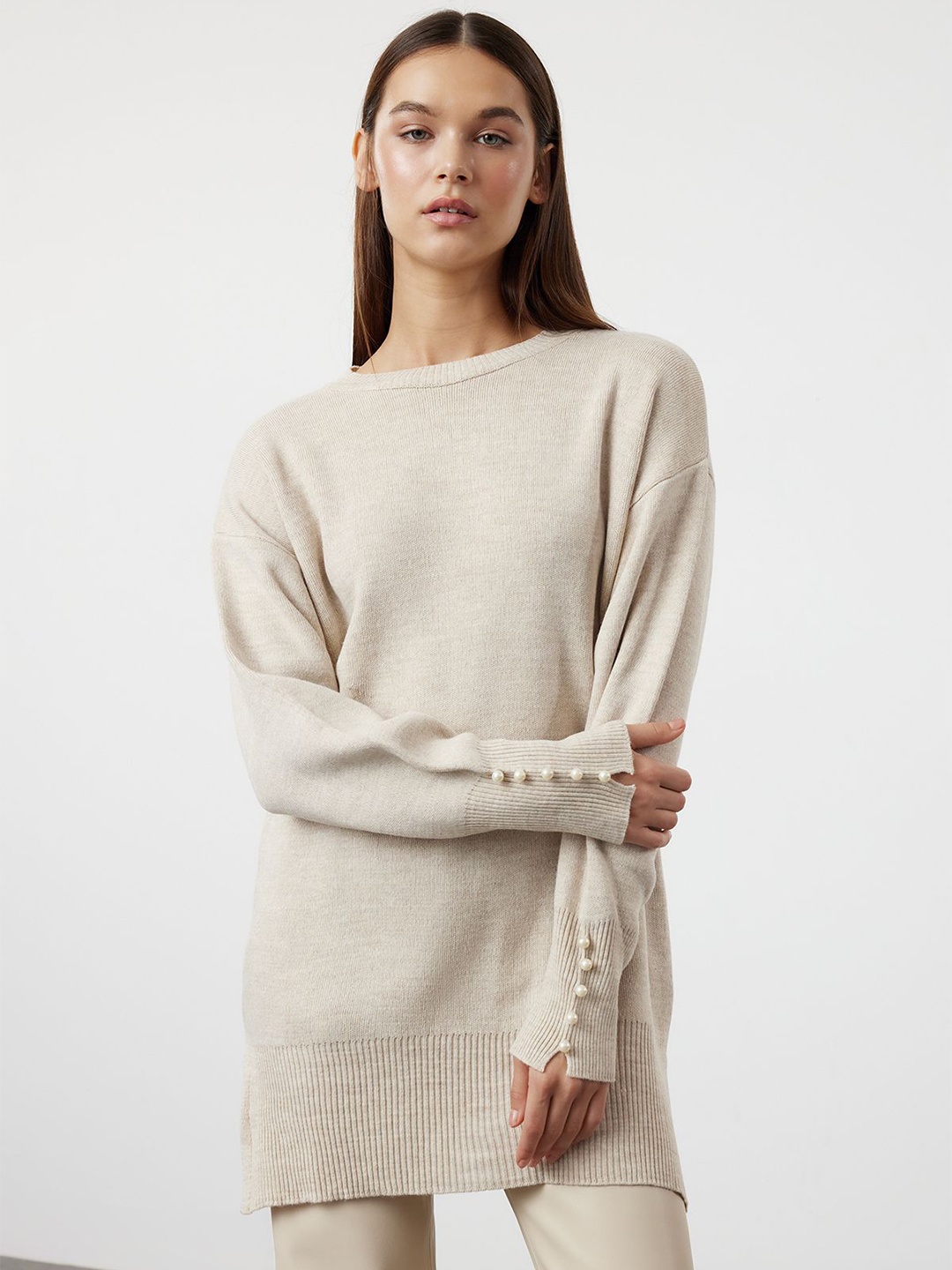 

Trendyol Women Ribbed Longline Pullover, Cream