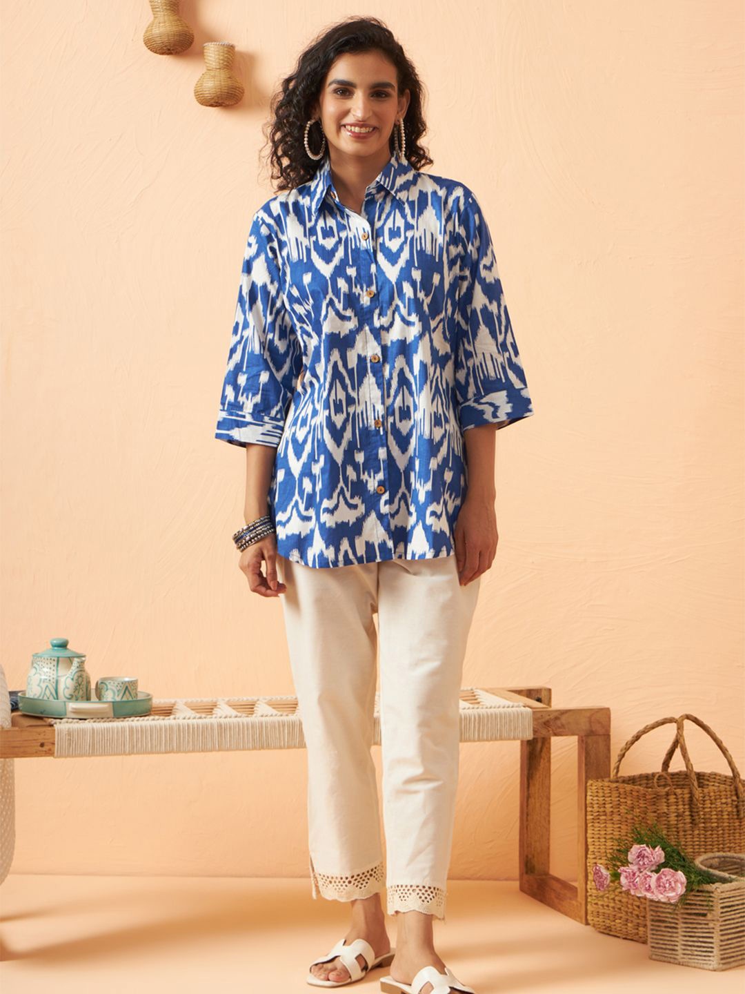 

ARAVALII Pure Cotton Printed Shirt Tunics, Blue