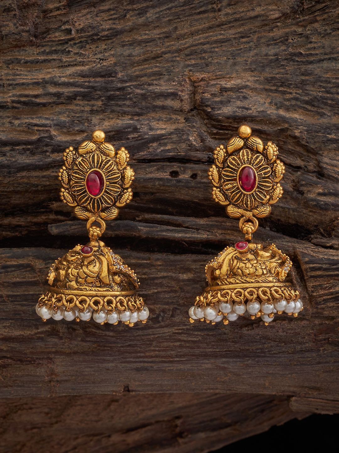

Kushal's Fashion Jewellery Ruby Gold Plated 92.5 Pure Silver Dome Shaped Jhumkas