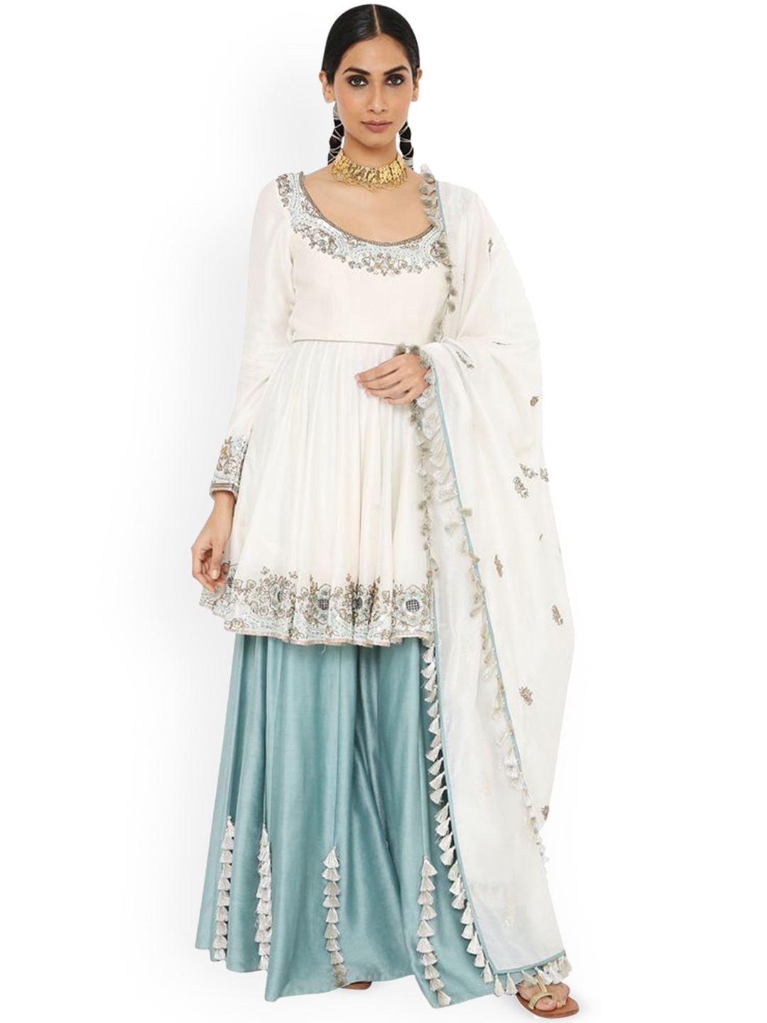 

Payal Singhal Floral Embroidered Thread Work Anarkali Kurta with Sharara & Dupatta, Off white