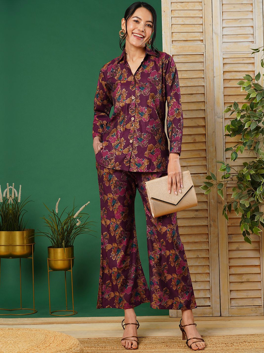 

CARTYSHOP Floral Printed Pure Cotton Shirt With Trousers, Purple