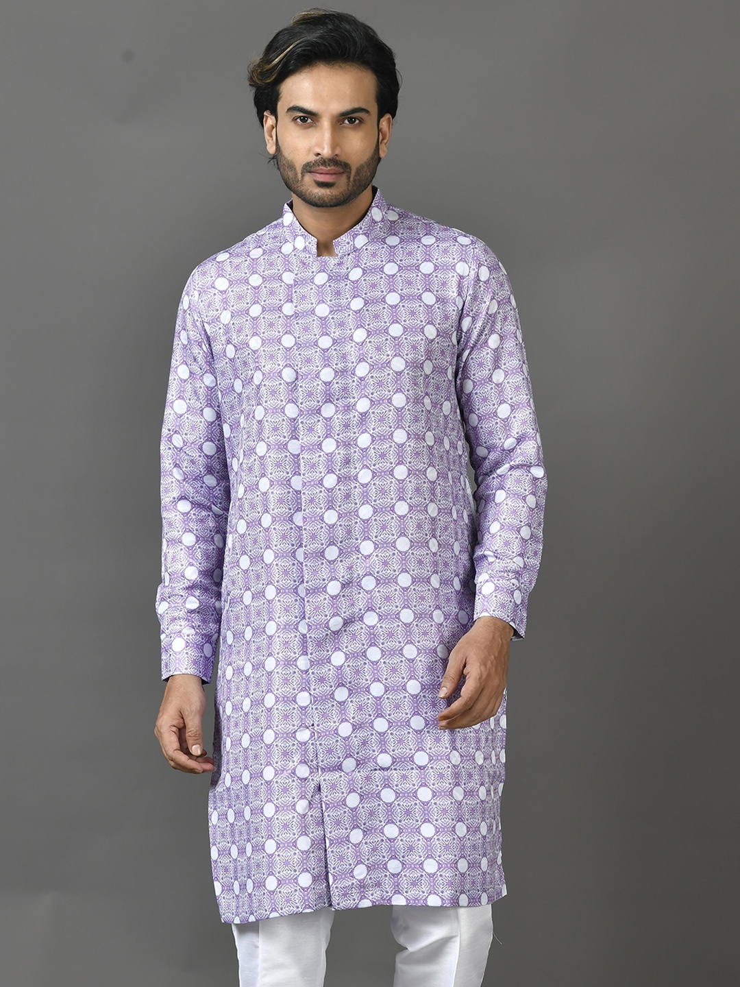

Sayisha Ethnic Motifs Printed Mandarin Collar Cotton Straight Kurta, Purple