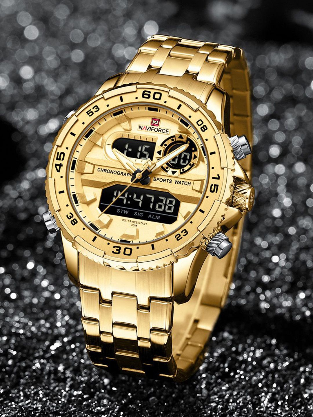 

Naviforce Men Brass Embellished Dial & Stainless Steel Straps Analogue and Digital Multi Function Watch, Gold