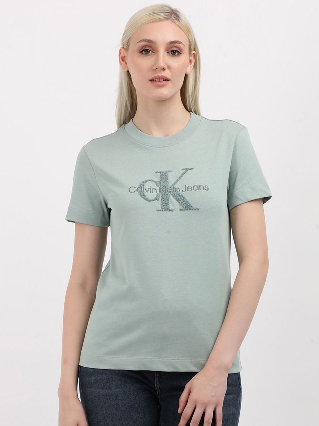 

Calvin Klein Jeans Women Typography Printed Round Neck Cotton T-shirt, Green