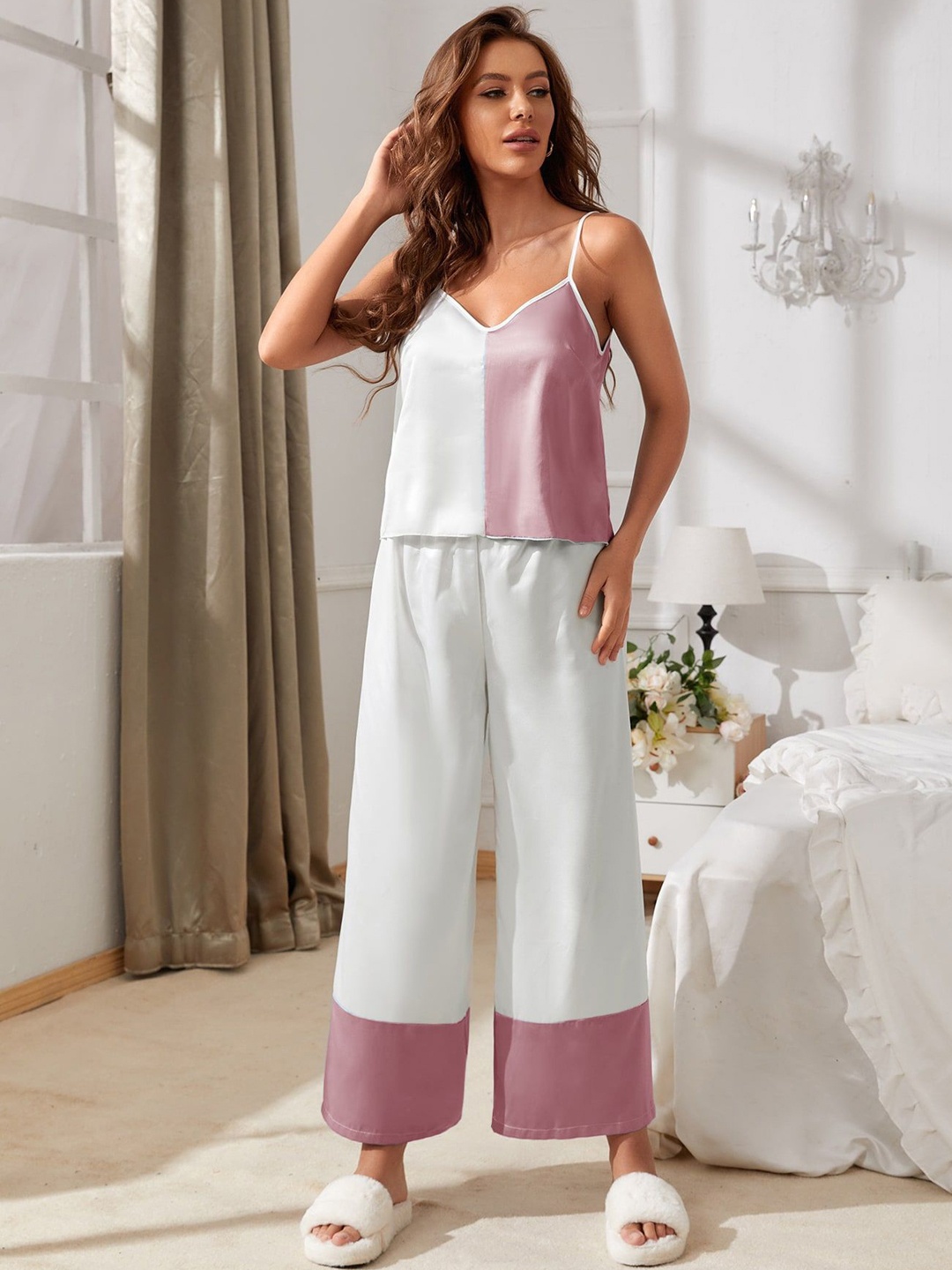 

ANSEE by Addery Women Shoulder Straps Colourblocked Night suit, White