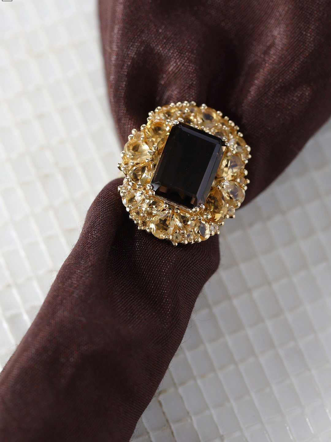 

Exotic India Rectangular Cut Smoky Quartz & Yellow Quartz Sterling Silver Ring, Gold