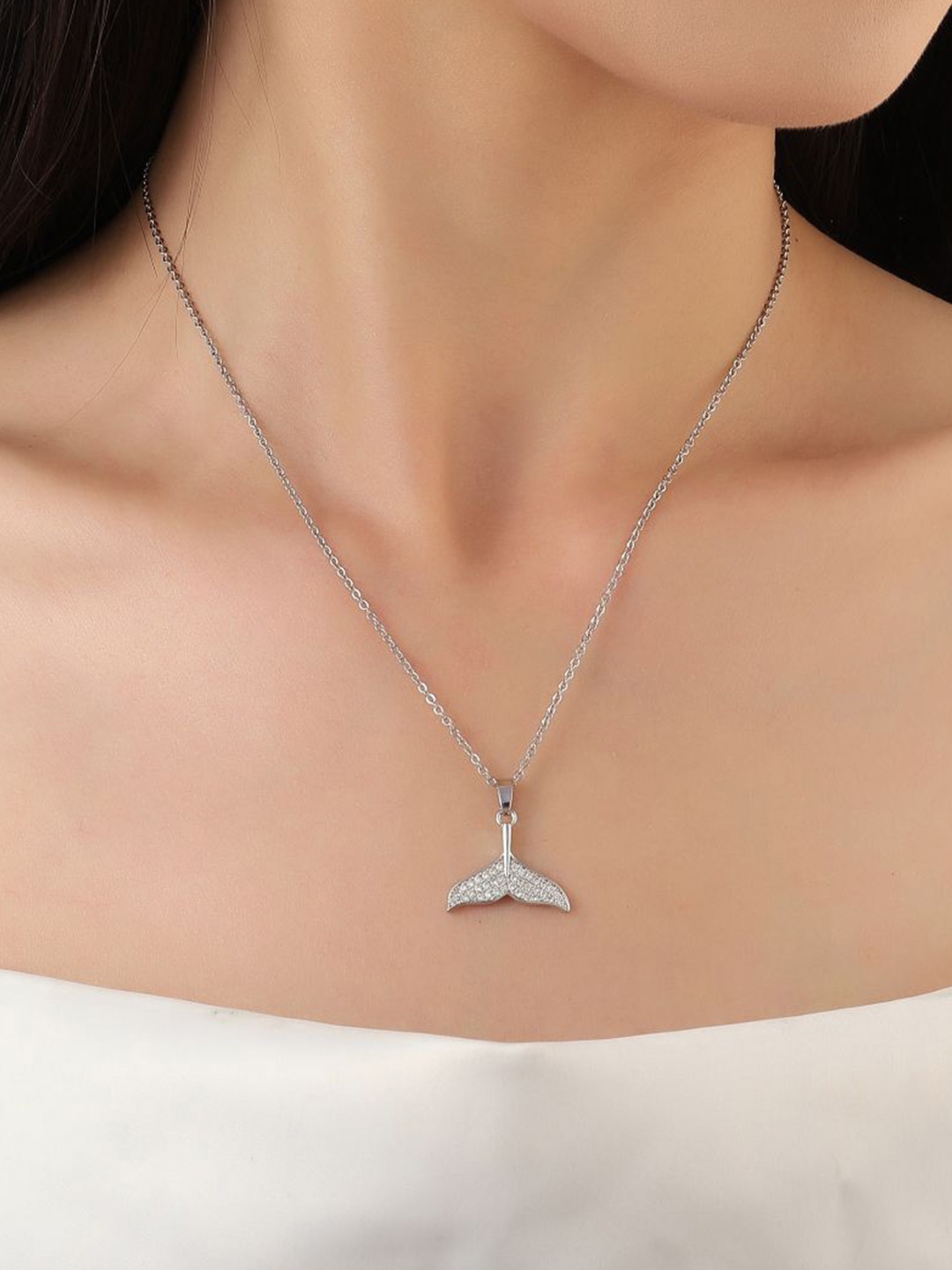 

SALTY Stainless Steel Stone Studded Whale Fin Pendant with Chain, Silver